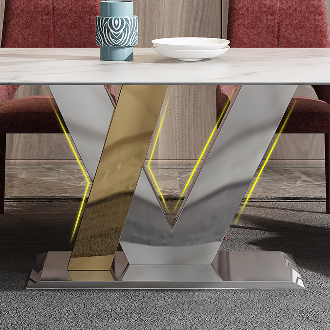 Luxury Sintered Stone Top Table Rectangle Table with Pedestal in Gold and Silver