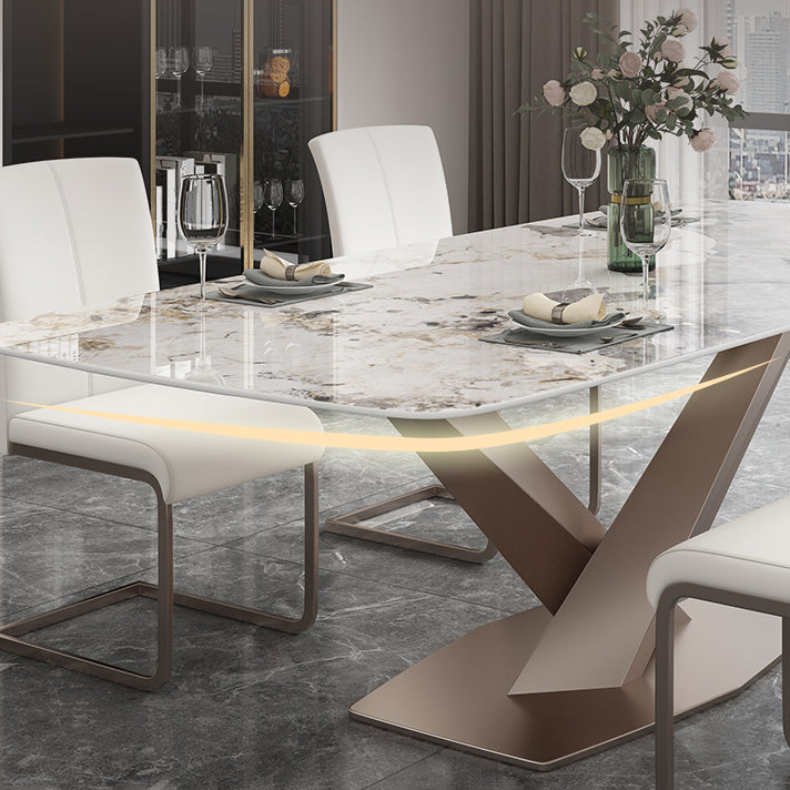 Luxury Sintered Stone Dining Table Rectangle Indoor Table with Gold Metal Pedestal