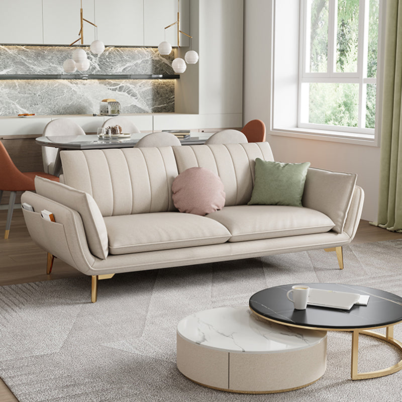 Scandinavian Faux Leather Sofa with Storage, Flared Arm Sofa with Pillows