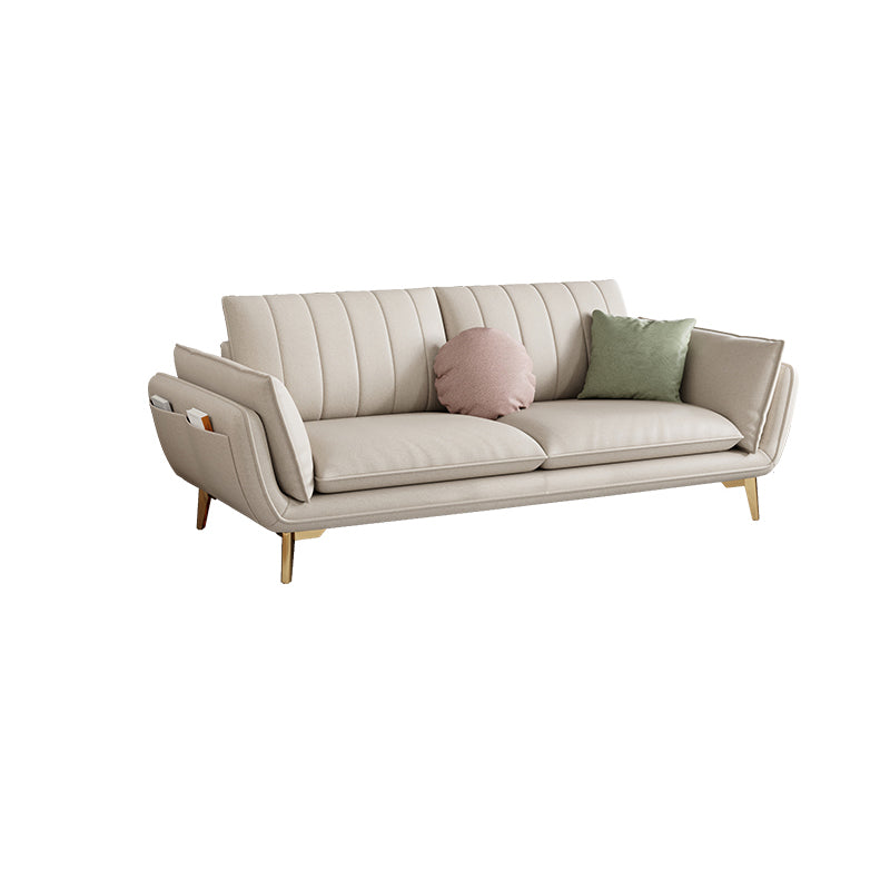 Scandinavian Faux Leather Sofa with Storage, Flared Arm Sofa with Pillows