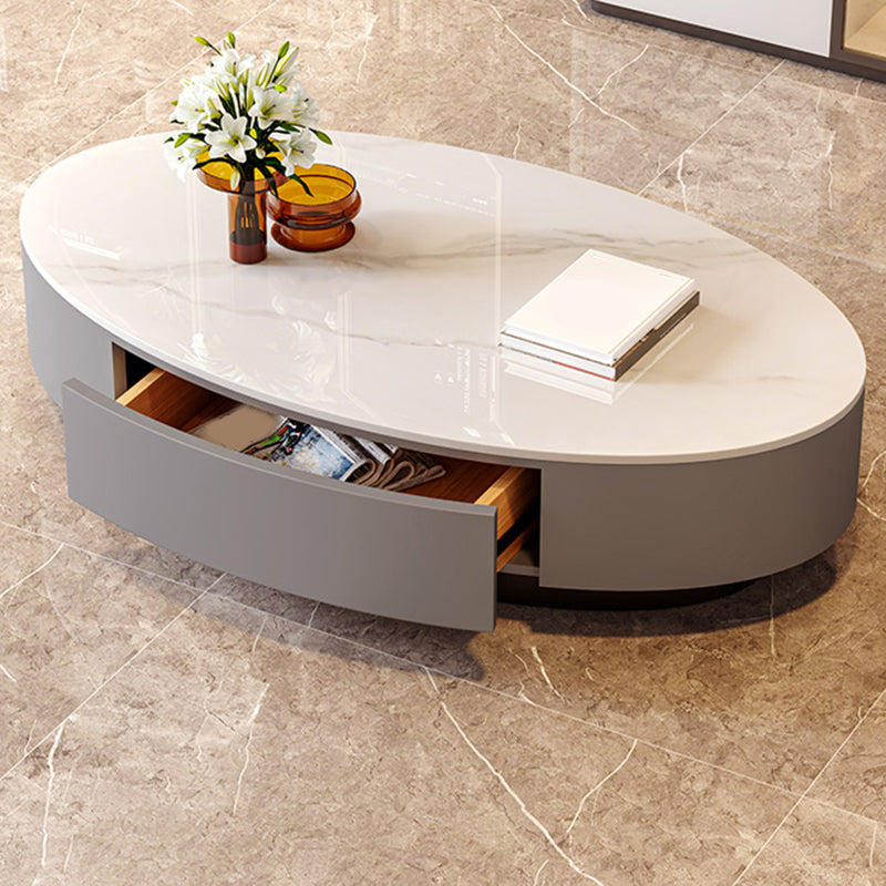 Oval Stone Coffee Table 1 Single Cocktail Table with 1 Storage Drawer