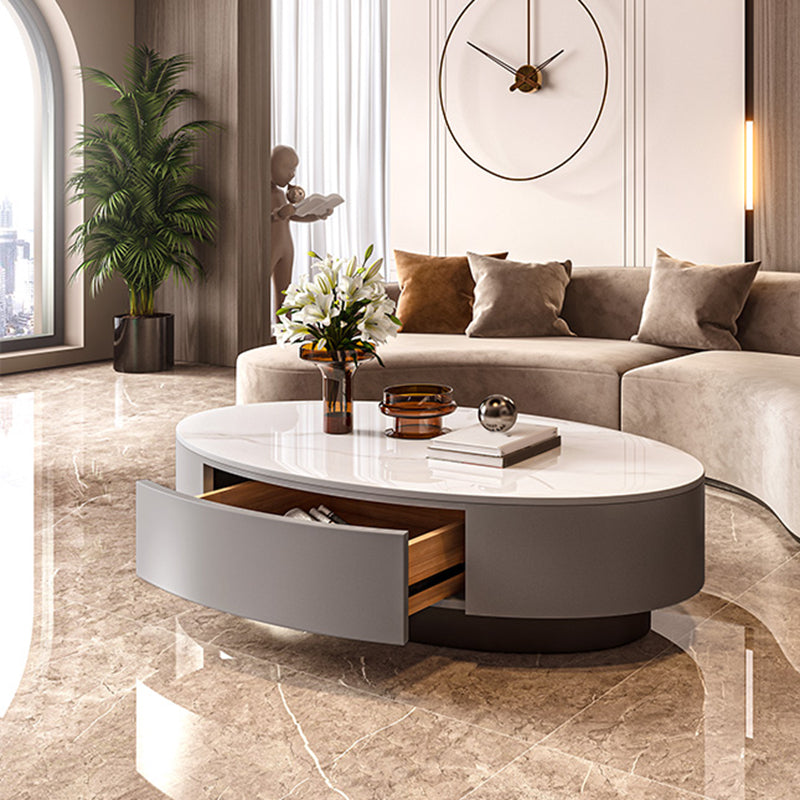 Oval Stone Coffee Table 1 Single Cocktail Table with 1 Storage Drawer