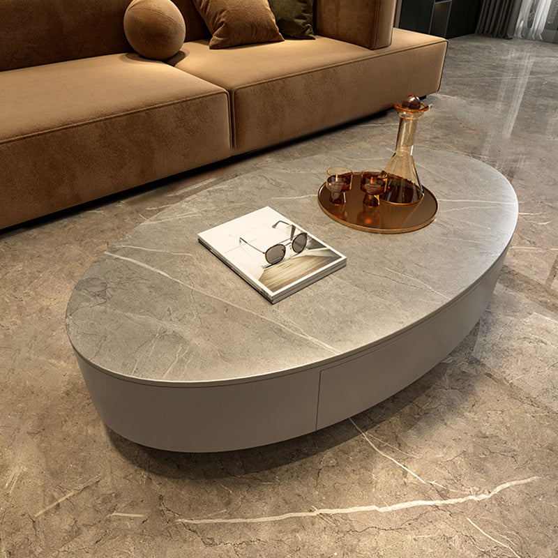 Oval Stone Coffee Table 1 Single Cocktail Table with 1 Storage Drawer