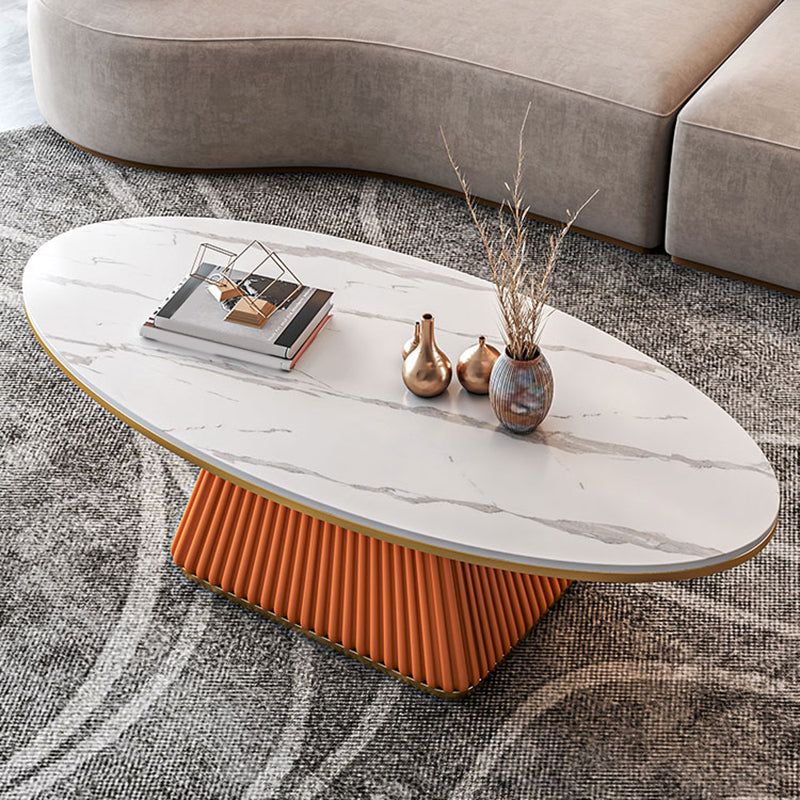 Glam Metal and Slate Cocktail Table Pedestal Coffee Table for Living Room