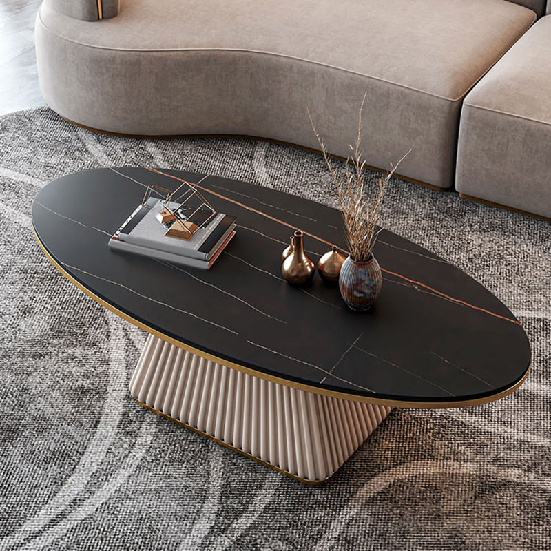 Glam Metal and Slate Cocktail Table Pedestal Coffee Table for Living Room