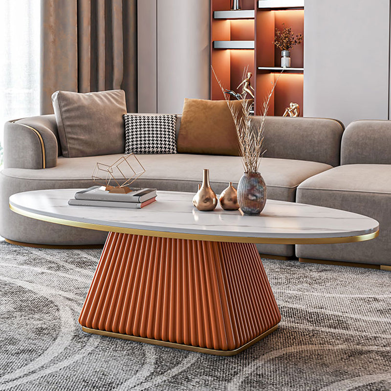 Glam Metal and Slate Cocktail Table Pedestal Coffee Table for Living Room