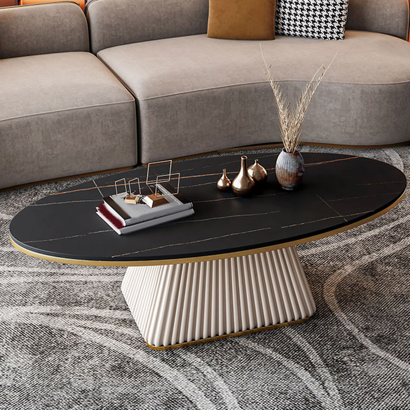 Glam Metal and Slate Cocktail Table Pedestal Coffee Table for Living Room