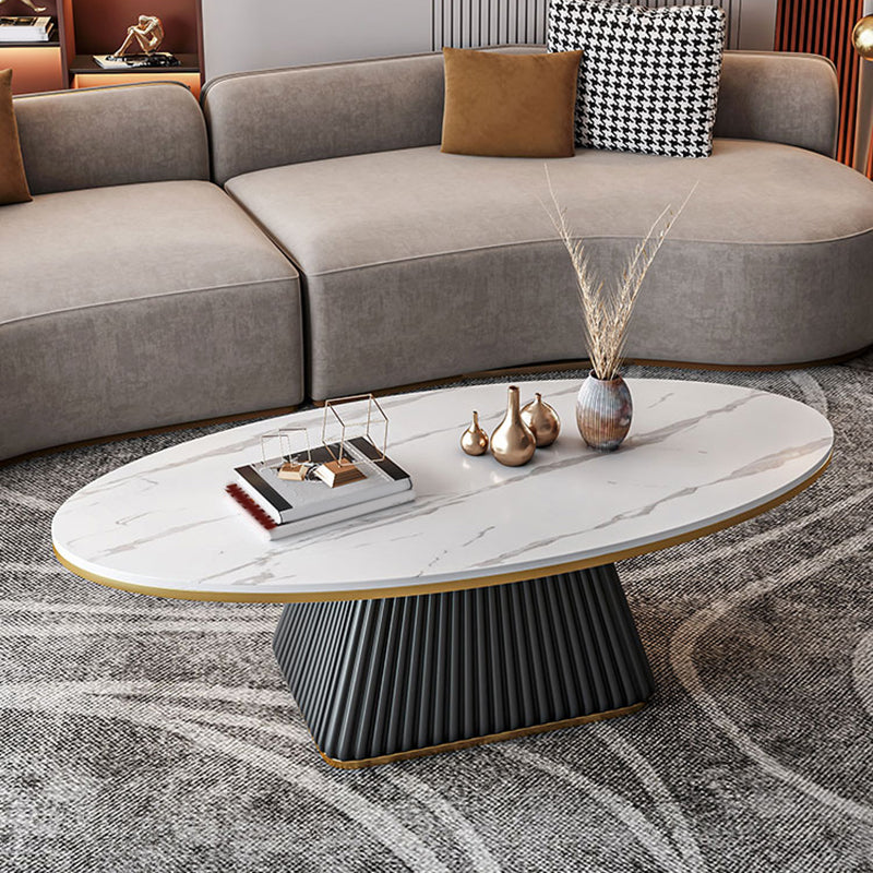 Glam Metal and Slate Cocktail Table Pedestal Coffee Table for Living Room