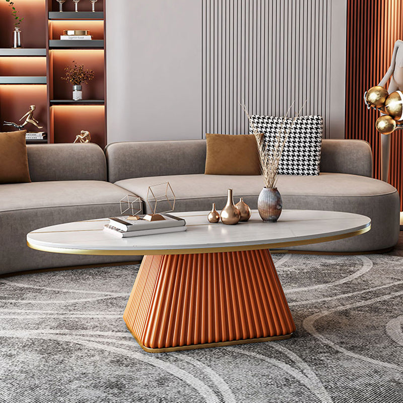 Glam Metal and Slate Cocktail Table Pedestal Coffee Table for Living Room