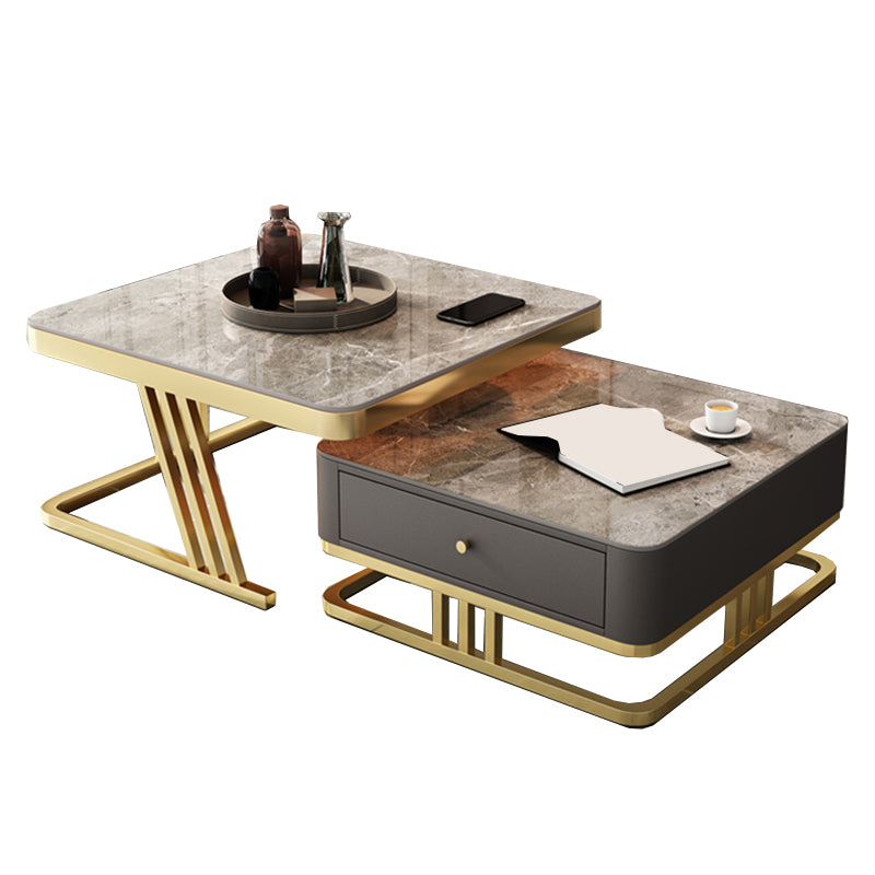 Glam Frame Coffee Table Glass/Slate Square Cocktail Table with Drawer