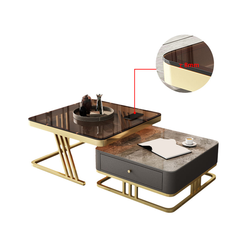 Glam Frame Coffee Table Glass/Slate Square Cocktail Table with Drawer