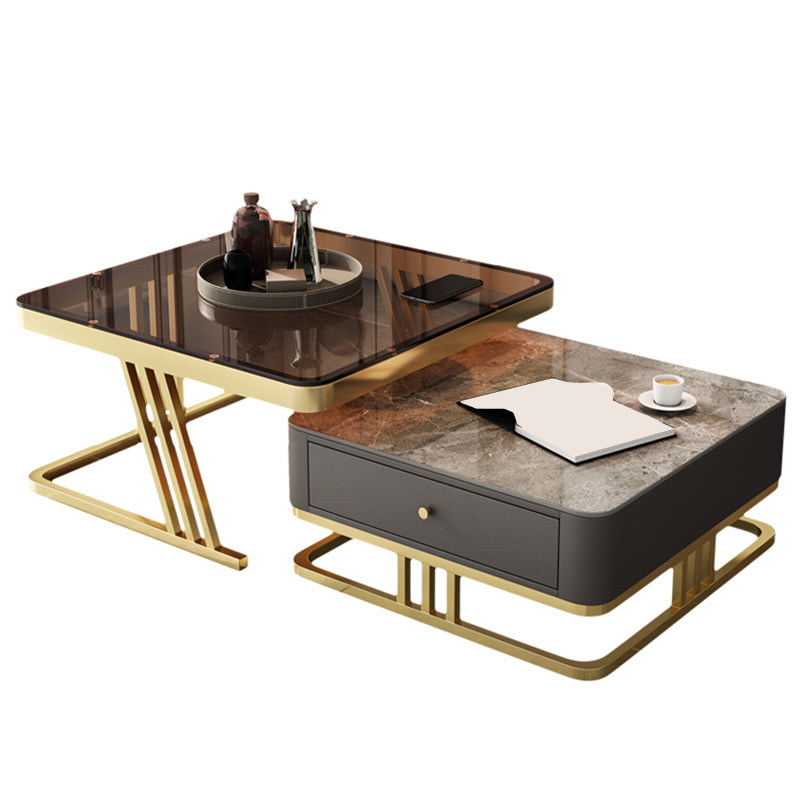 Glam Frame Coffee Table Glass/Slate Square Cocktail Table with Drawer