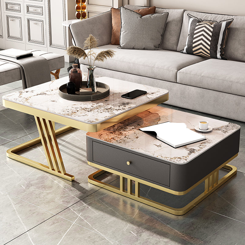 Glam Frame Coffee Table Glass/Slate Square Cocktail Table with Drawer