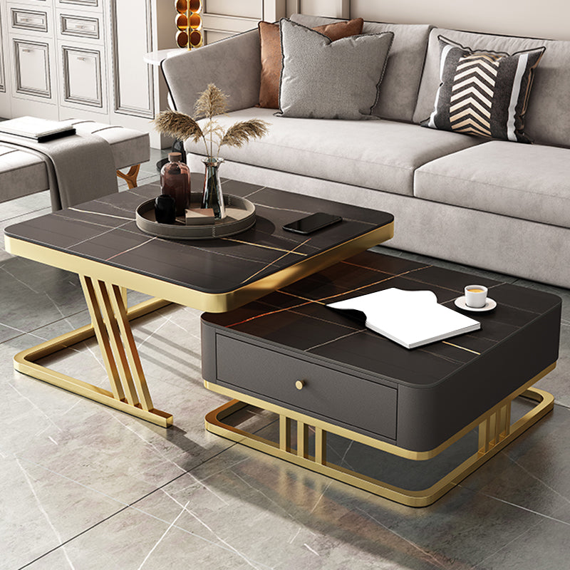 Glam Frame Coffee Table Glass/Slate Square Cocktail Table with Drawer