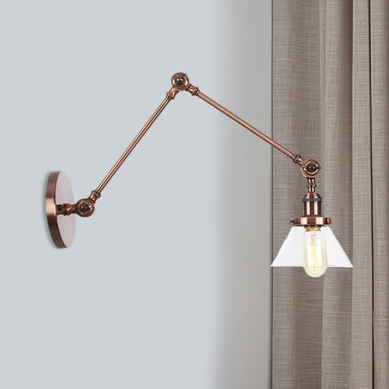 1 Light Wall Lamp Industrial Conical Clear/Amber Glass Sconce in Black/Bronze/Brass with Adjustable Arm, 8“+8"/8"+8"+8" Long