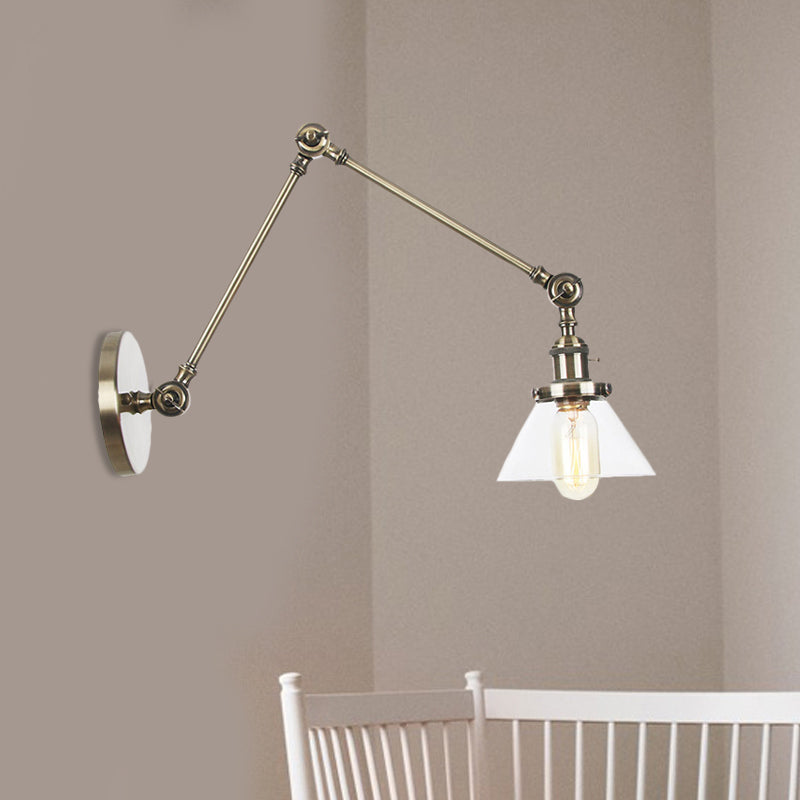 1 Light Wall Lamp Industrial Conical Clear/Amber Glass Sconce in Black/Bronze/Brass with Adjustable Arm, 8“+8"/8"+8"+8" Long