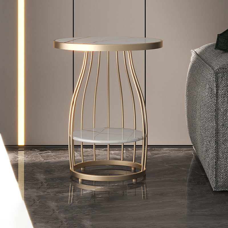 Marble Top End Table Metal Frame Sofa Side End Table with Shelf for Living Room