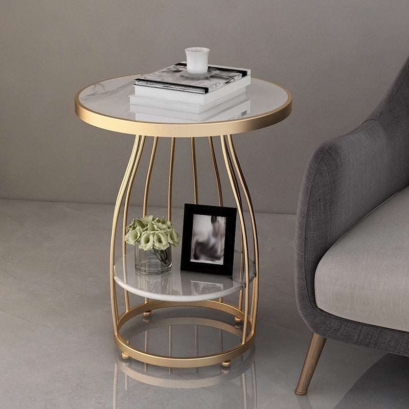 Marble Top End Table Metal Frame Sofa Side End Table with Shelf for Living Room