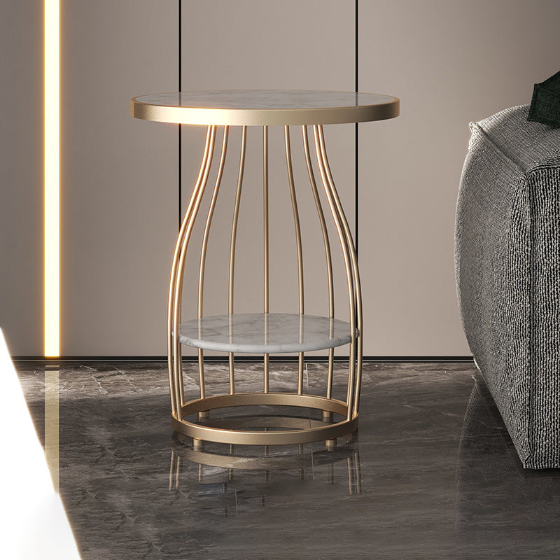 Marble Top End Table Metal Frame Sofa Side End Table with Shelf for Living Room