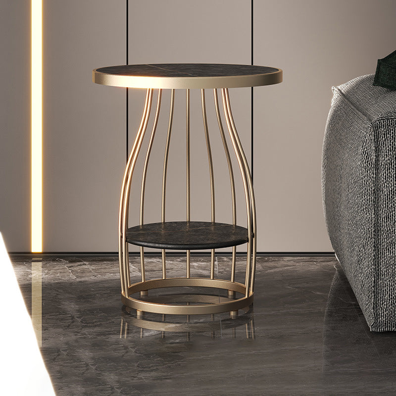 Marble Top End Table Metal Frame Sofa Side End Table with Shelf for Living Room
