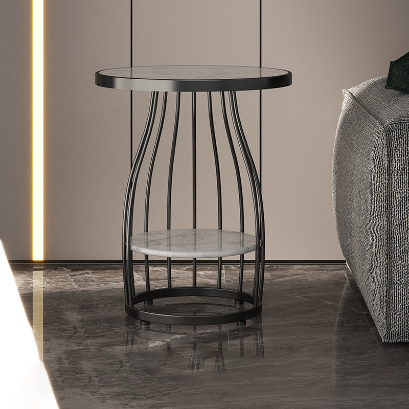 Marble Top End Table Metal Frame Sofa Side End Table with Shelf for Living Room