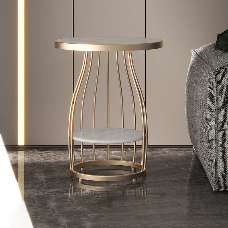 Marble Top End Table Metal Frame Sofa Side End Table with Shelf for Living Room