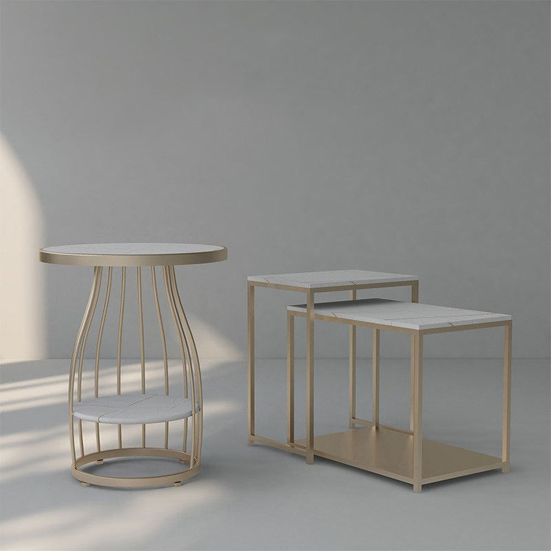 Marble Top End Table Metal Frame Sofa Side End Table with Shelf for Living Room