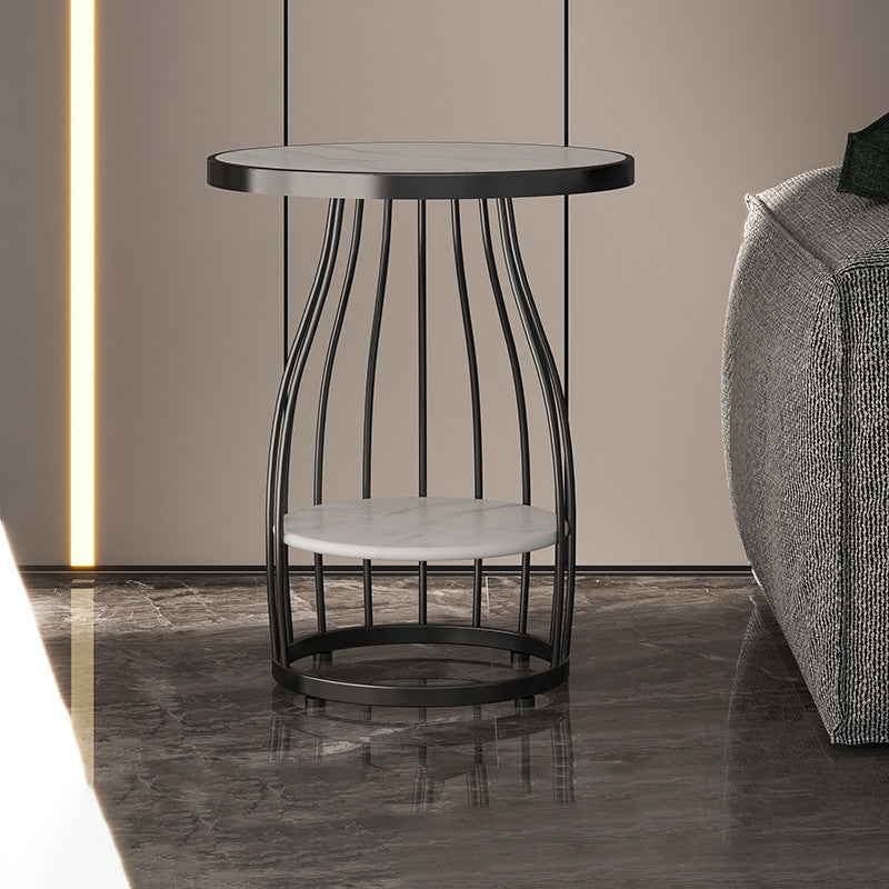 Marble Top End Table Metal Frame Sofa Side End Table with Shelf for Living Room