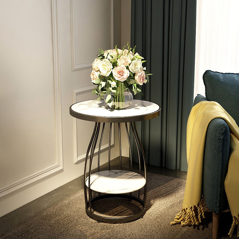Marble Top End Table Metal Frame Sofa Side End Table with Shelf for Living Room