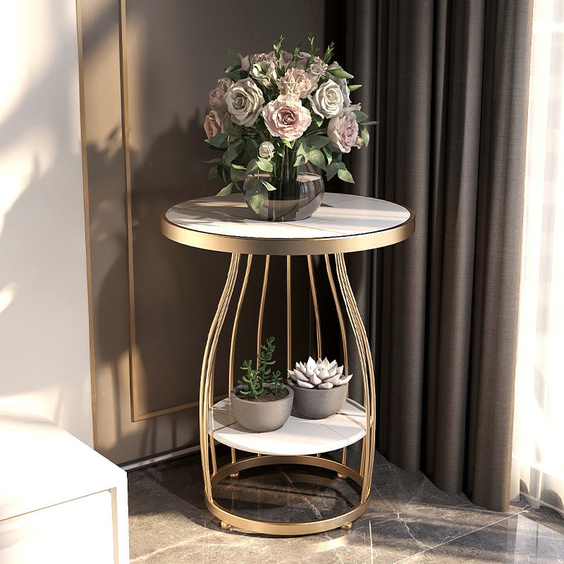 Marble Top End Table Metal Frame Sofa Side End Table with Shelf for Living Room
