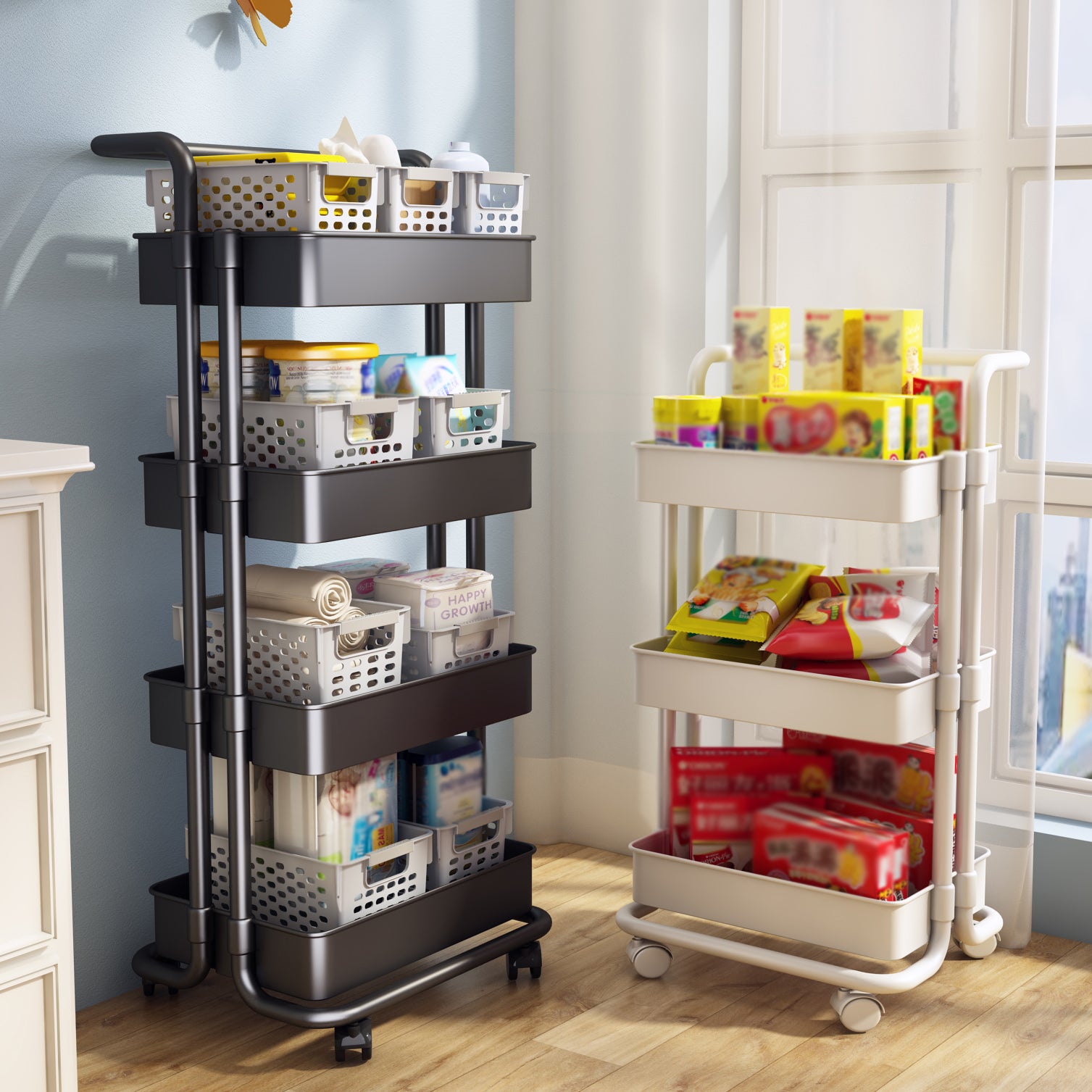 Modern Metal Frame Etagere Bookshelf White and Black Bookcase with Caster Wheels