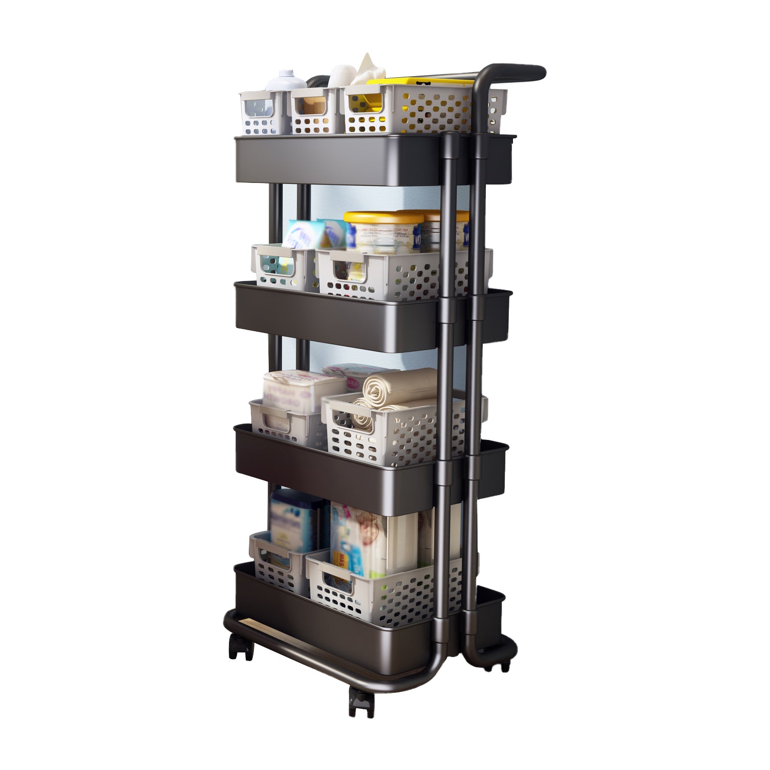 Modern Metal Frame Etagere Bookshelf White and Black Bookcase with Caster Wheels