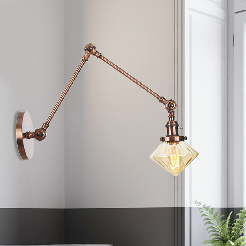 1 Salle de salle à manger légère Light Light Vintage Black / Bronze / Brass Mur Murd Murd With Diamond Plein / Amber Glass Shade, 8 "+8" / 8 "+8" +8 "L bras réglable