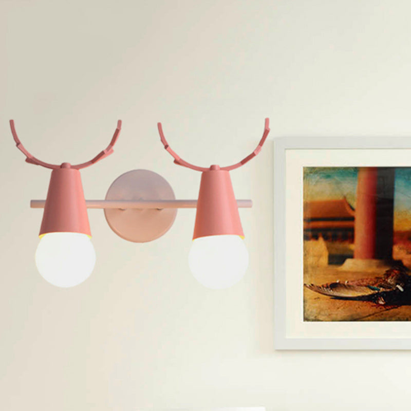 2 Heads Cone Wall Light with Antlers Contemporary Metal Wall Sconce for Study Room