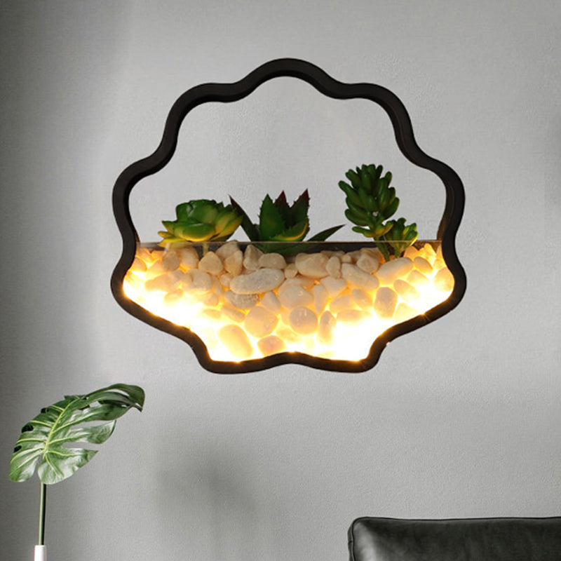 Fake Succulent Plant Wall Light Metal Stone Modern Creative Sconce Light in Black for Bedroom