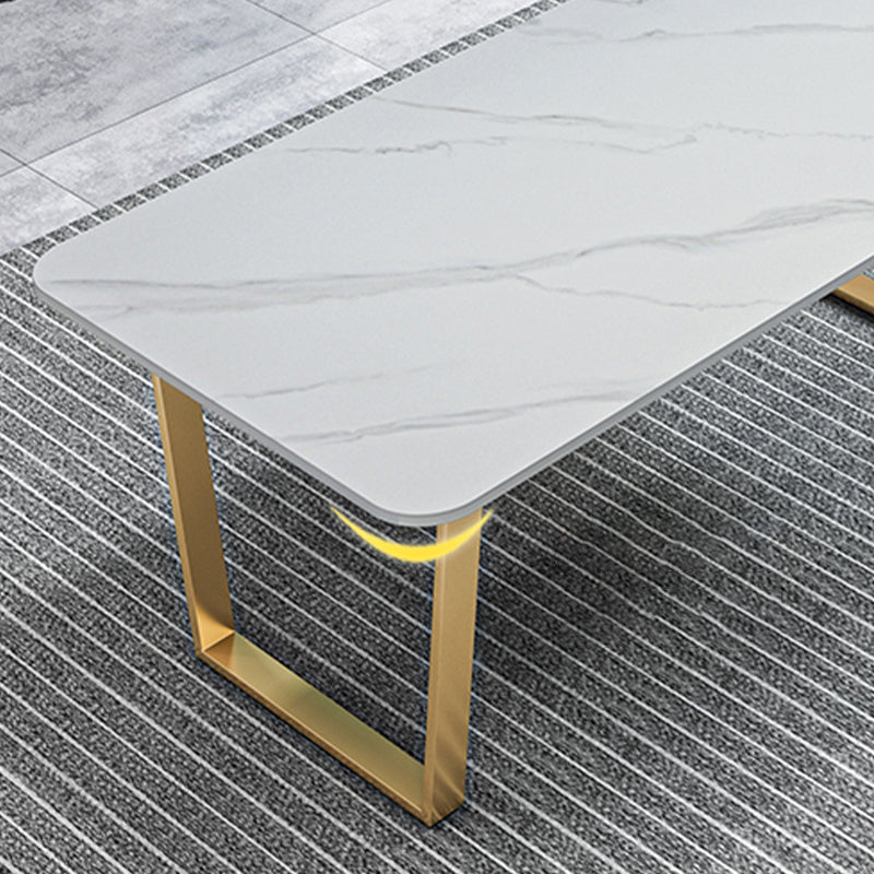 Glam Style Stone Top Table for Restaurant Rectangle Table with Gold Pedestal
