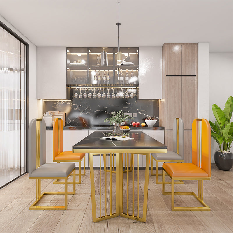 Glam Style Rectangle Stone Table for Restaurant Gold Pedestal Table