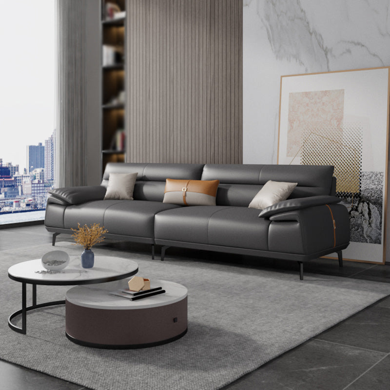 Stationary Stain Resistant Genuine Leather Pillow Top Arm Dark Grey Sofa
