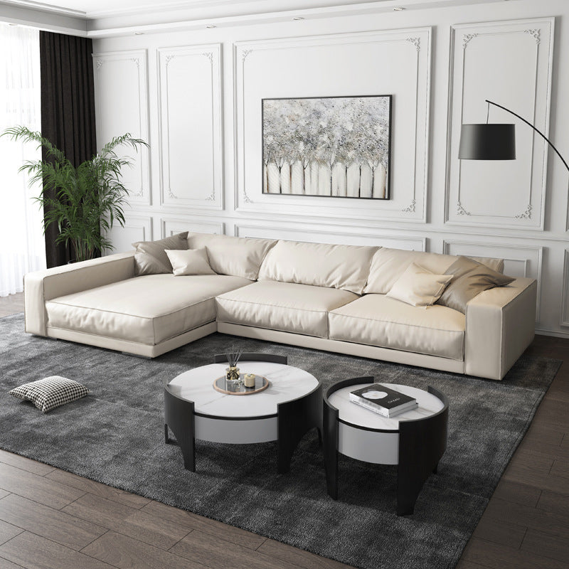 Square Arm Ivory Sectional Sofa  Cushion Back Faux leather Contemporary Sectional