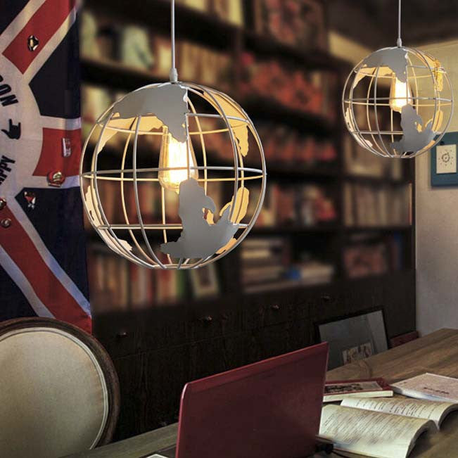 8"/12" Wide Globe Cage Metal Pendant Light Industrial 1 Light Living Room Hanging Lamp in Black/White/Pink