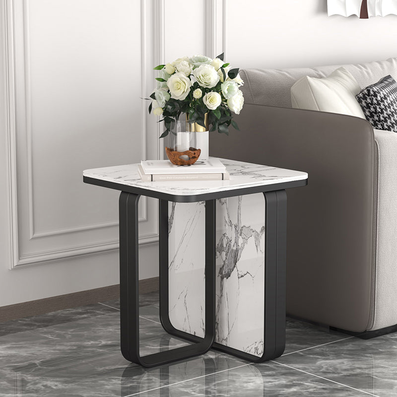 Modern Rectangular Stone Side End Table with Metal Abstract Leg