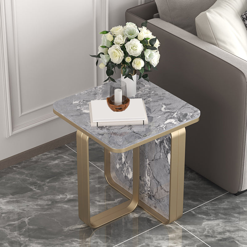Modern Rectangular Stone Side End Table with Metal Abstract Leg