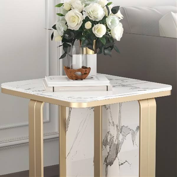 Modern Rectangular Stone Side End Table with Metal Abstract Leg