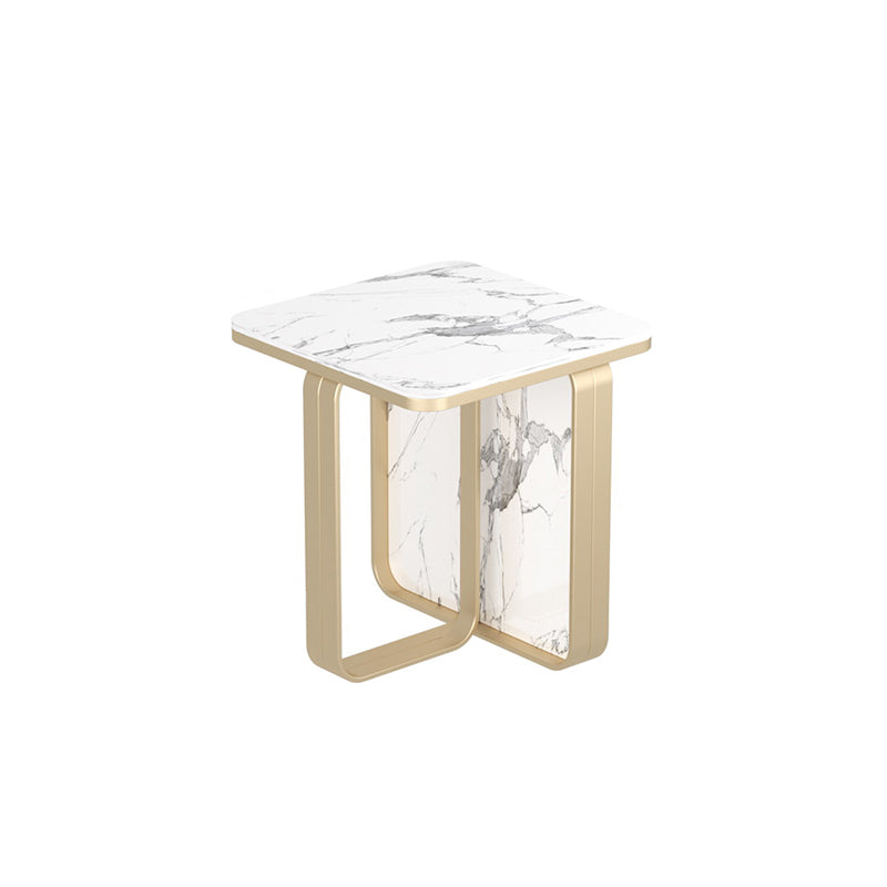 Modern Rectangular Stone Side End Table with Metal Abstract Leg