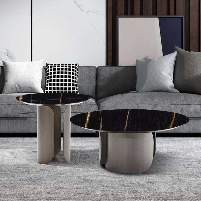 Contemporary Sintered Stone Side End Table with Metal Abstract Base