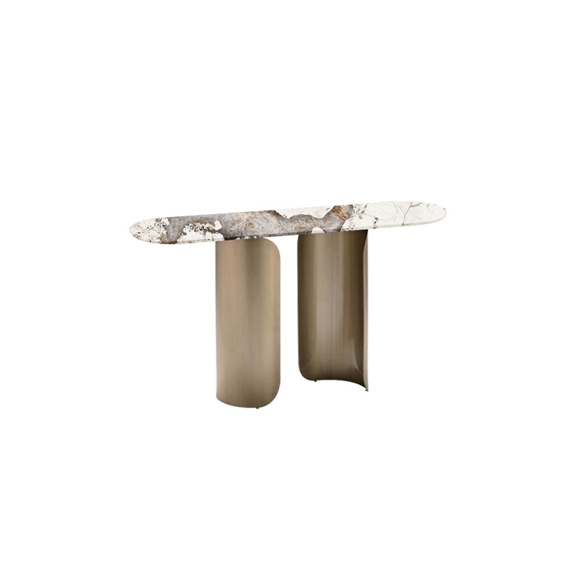 Contemporary Sintered Stone Side End Table with Metal Abstract Base