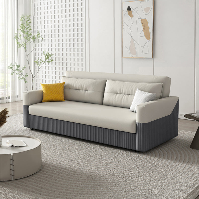 Grey and White Convertible Leather Sofa Square Arm Sofa Bed with Wooden Frame