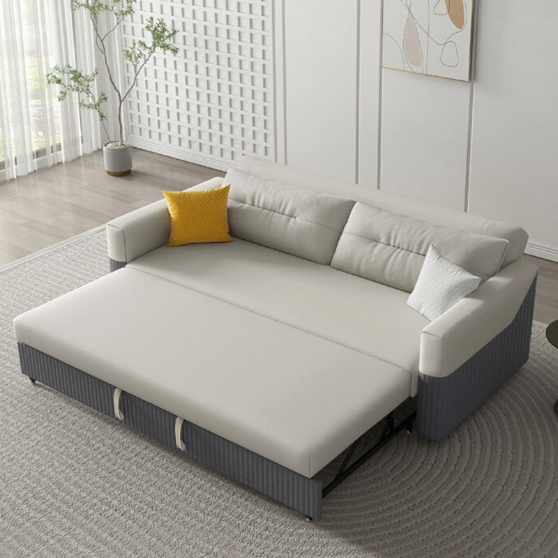 Grey and White Convertible Leather Sofa Square Arm Sofa Bed with Wooden Frame
