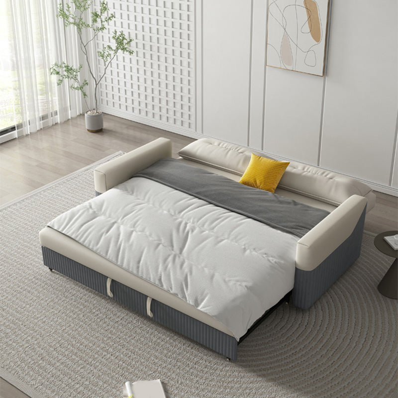 Grey and White Convertible Leather Sofa Square Arm Sofa Bed with Wooden Frame