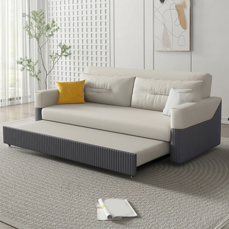 Grey and White Convertible Leather Sofa Square Arm Sofa Bed with Wooden Frame